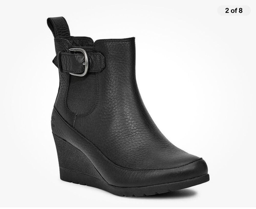 UGG Arleta Black Leather Wedge Boot Booties $180 8.5